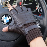 fashionable man half finger sheepskin gloves autumn winter fingerless knitted cuff warm real leather driving gloves m 56