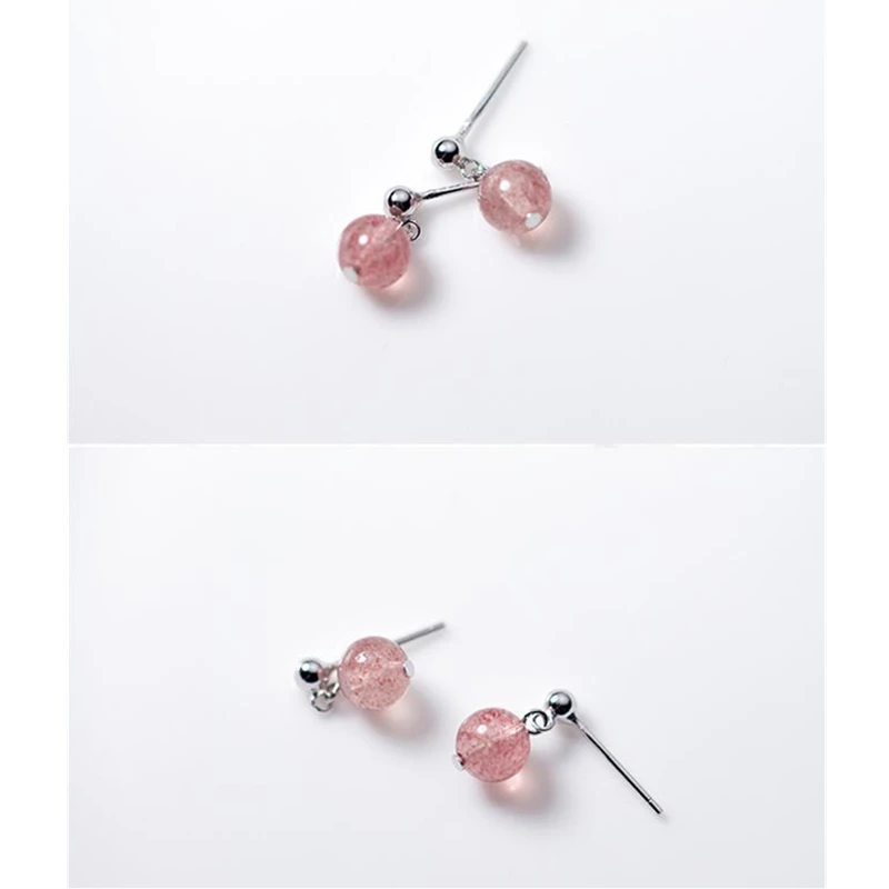 Женские серьги-гвоздики из настоящего серебра 925 пробы с клубничным кристаллом 6