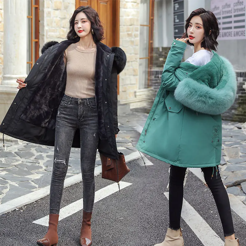 

Chic Fur Coat Hooded Winter Down Coat Warm Jacket Long Slim Women Cotton padded Wadded Parka female jacket Fur lining