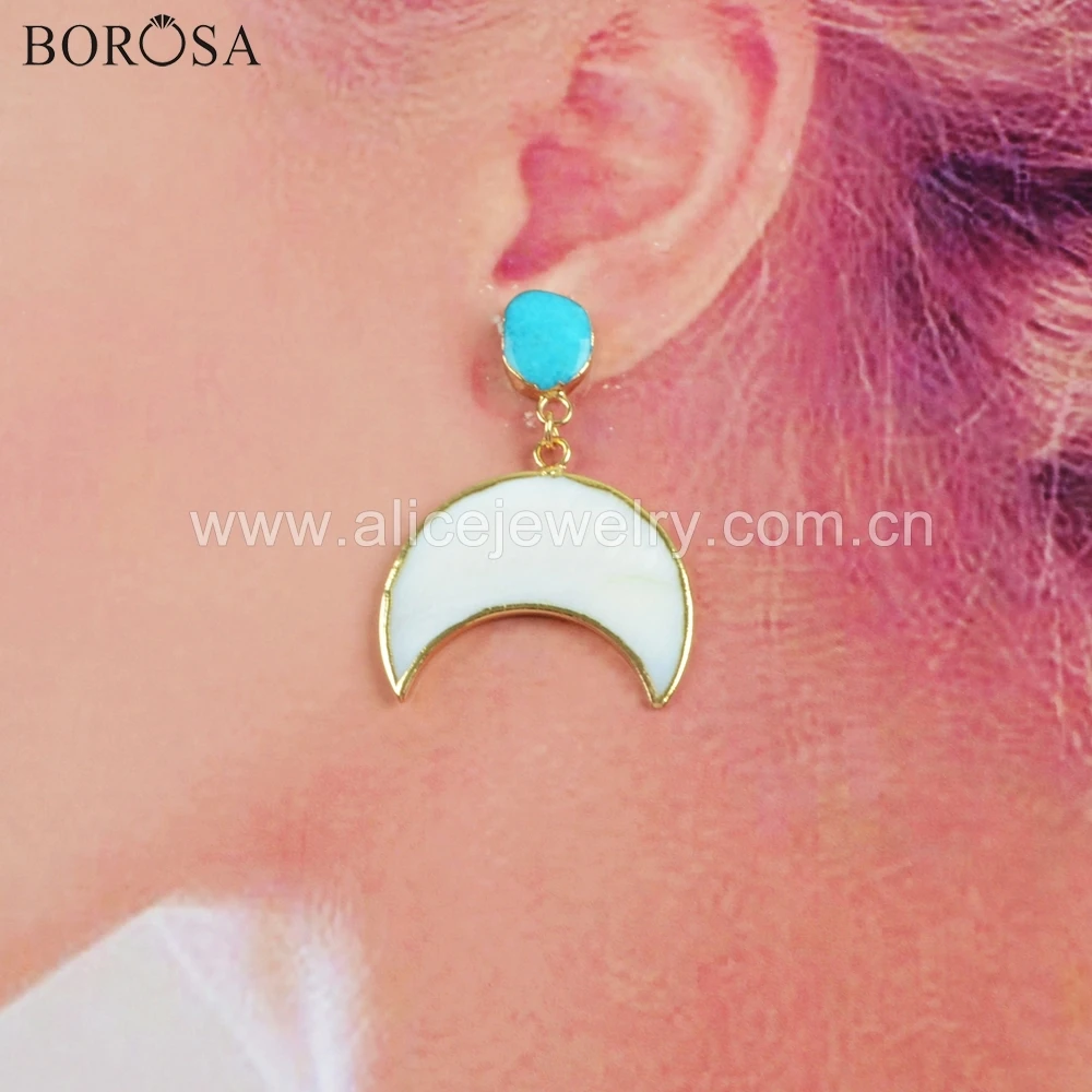 Женские серьги сережки BOROSA в виде полумесяца из натуральной бирюза золотистого