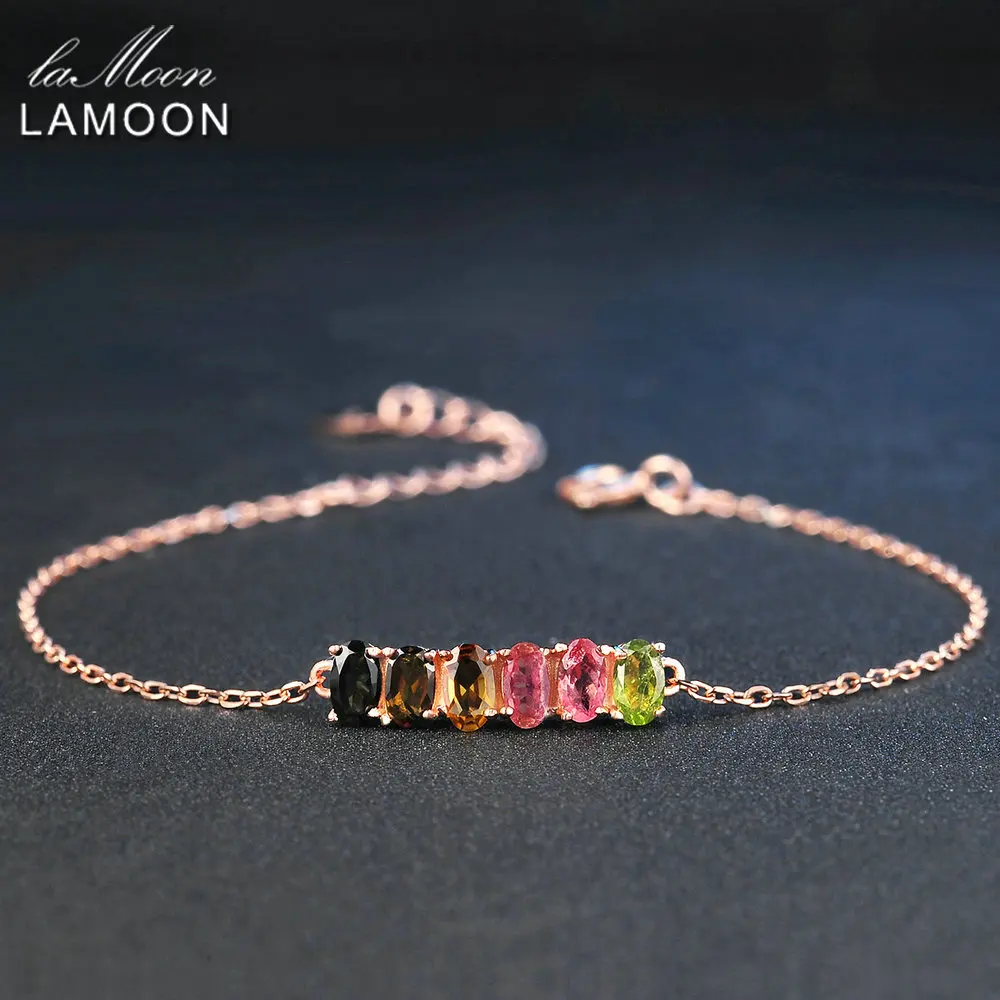 

LAMOON 925-Sterling-Siver 6 Pieces 3*5mm Oval Multi-Color Tourmaline Bracelet S925 Natural Gemstone Fine Jewelry For Women H018