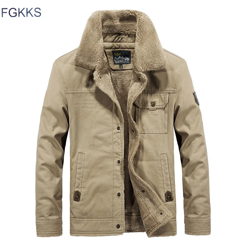 

FGKKS Winter Men Jacket Men's Fashion Fleece Fur Collar Jackets Male Tactical Mens Warm Jackets Coats
