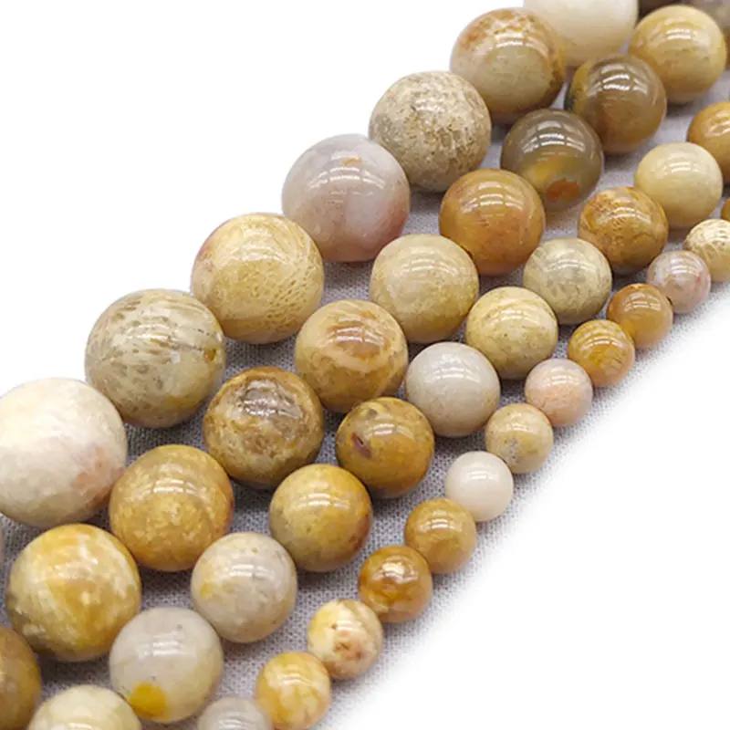 4-12mm Round Light Yellow Fossils Coral Jaspers Beads Natural Stone For Jewelry Making 15'' Needlework DIY | Украшения и