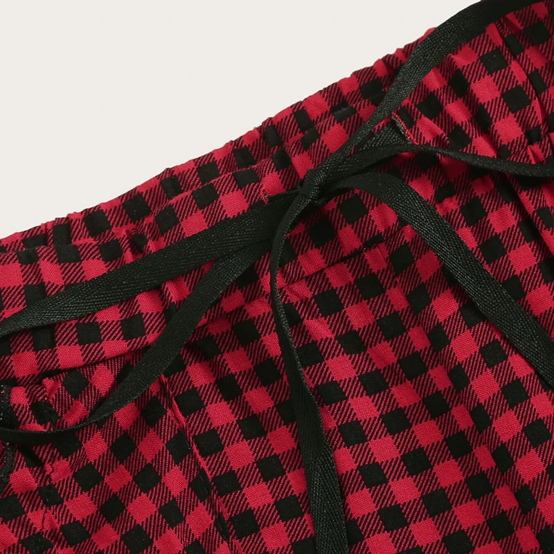 ROMWE кружевной отделкой Cami с шнурком Gingham брюки PJ набор летние женские спагетти ремень без рукавов Повседневная одежда для сна пижамные комплекты