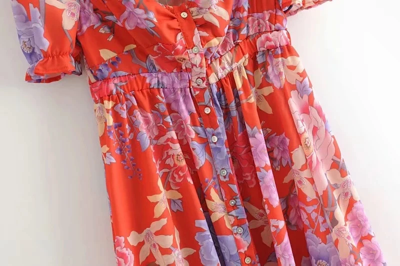 Vintage Chic Floral Print Buttons Maxi Dress Women Fashion Square Collar Short Sleeve Pleated Dresses Casual Vestidos Mujer
