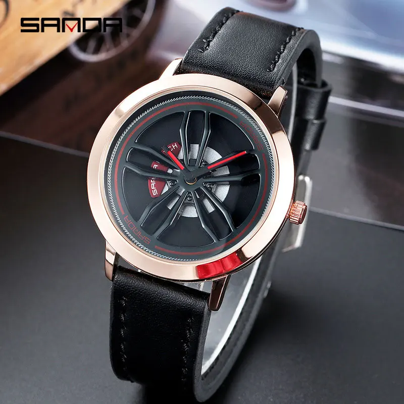 leather gold SANDA, кварцевые часы, мужские часы, бизнес бренд, наручные часы, мужские наручные часы для мужчин, часы Hodinky, мужские часы с вращающимся колесным циферблатом - Цвет: leather gold