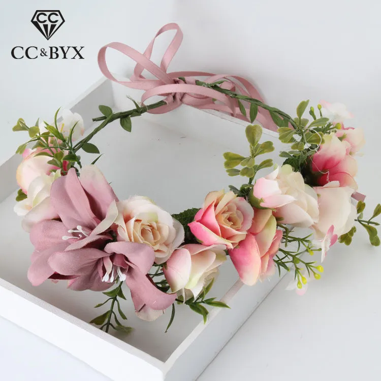 CC Wreath Flower Crown Hairband Wedding Jewelry Hair Accessories For Bridal Girls Seaside Party Cheap Handmade Yarn at02 - Metal color: Pink