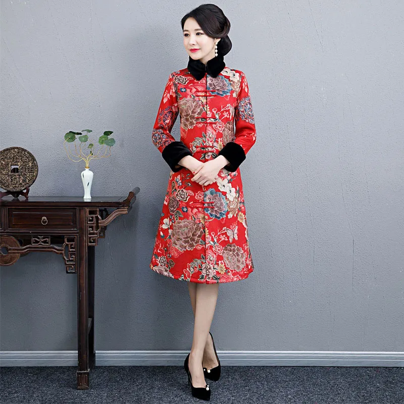 2019 new Winter Qipao Traditional Chinese Dress for Women long Sleeves Vestidos Vintage Pinch cotton Cheongsam Slim Party | Тематическая