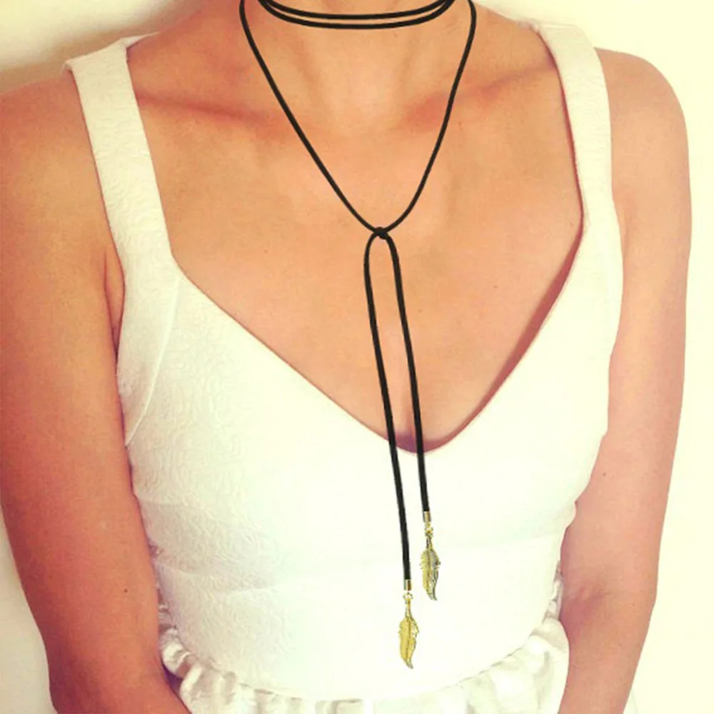 Черное кожаное ожерелье с длинной веревкой золотое Серебряное перо кулоны