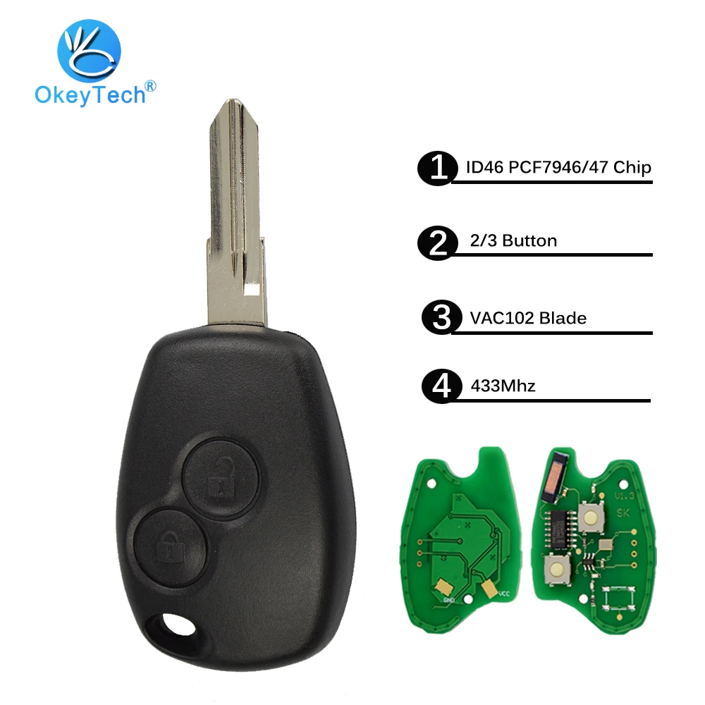 OkeyTech 2/3 Кнопка 433 МГц ID46 PCF7946 чип 206 NE72 лезвия для Renault Duster Modus Clio Logan Sandero Trafic Kangoo