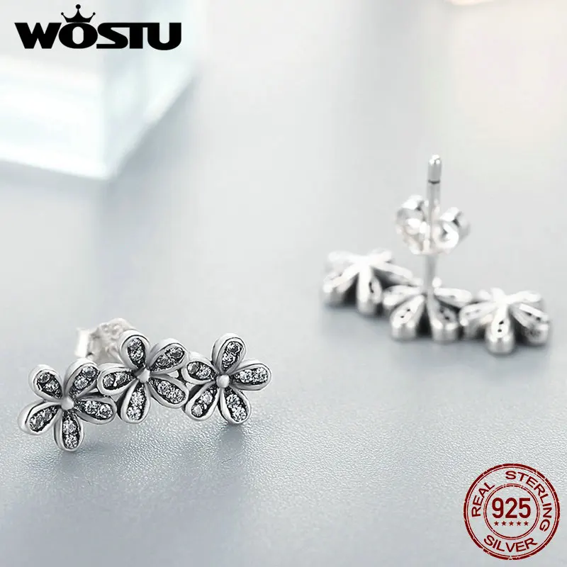 WOSTU, подлинные 925 пробы, серебряные, прозрачные, CZ, Ослепительная ромашка, сложенные цветы, серьги-гвоздики, оригинальные ювелирные изделия, женский подарок, XCHS506