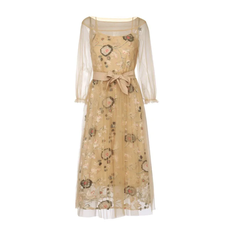 

PERHAPS U Yellow Mesh Dress Midi Dress Ball Gown Long Sleeve Women Elegant Floral D1224