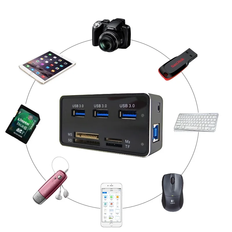 Кардридер Usb 3 0 7 в 1 с тремя USB портами кардридер SD TF M2 MS Micro usb концентраторами для