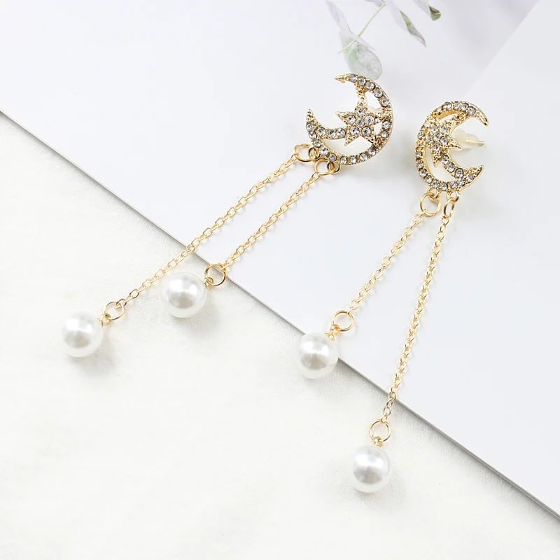 Серьги подвески с кристаллами Moon Stars оригинальные жемчужные серьги кисточки