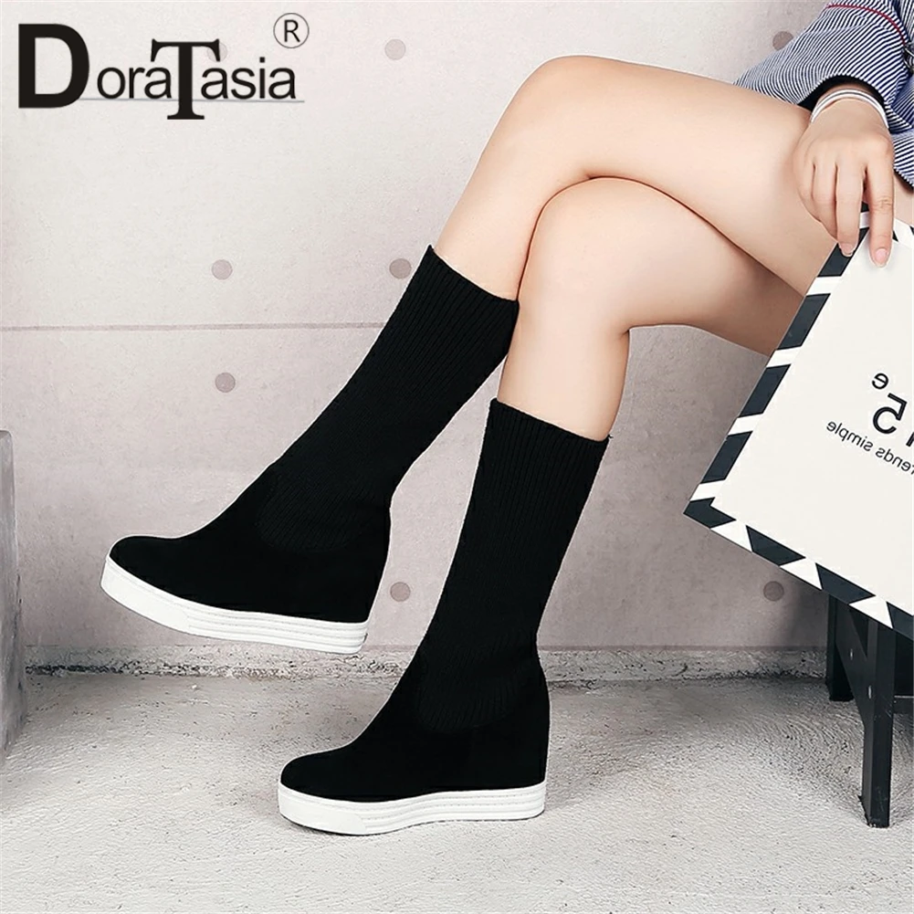 DoraTasia/Лидер продаж, Зимние ботильоны, увеличивающие рост, размеры 34-44, женские эластичные ботиночки на платформе, женская обувь на высоком каблуке