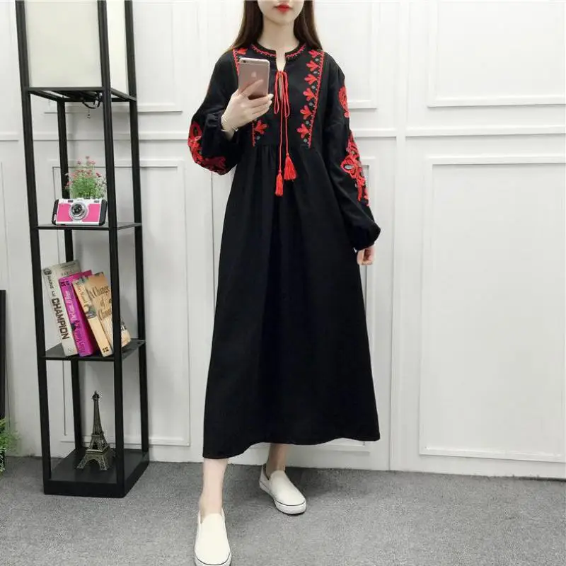 Женское длинное платье в стиле ретро однотонное свободное с рукавами-фонариками