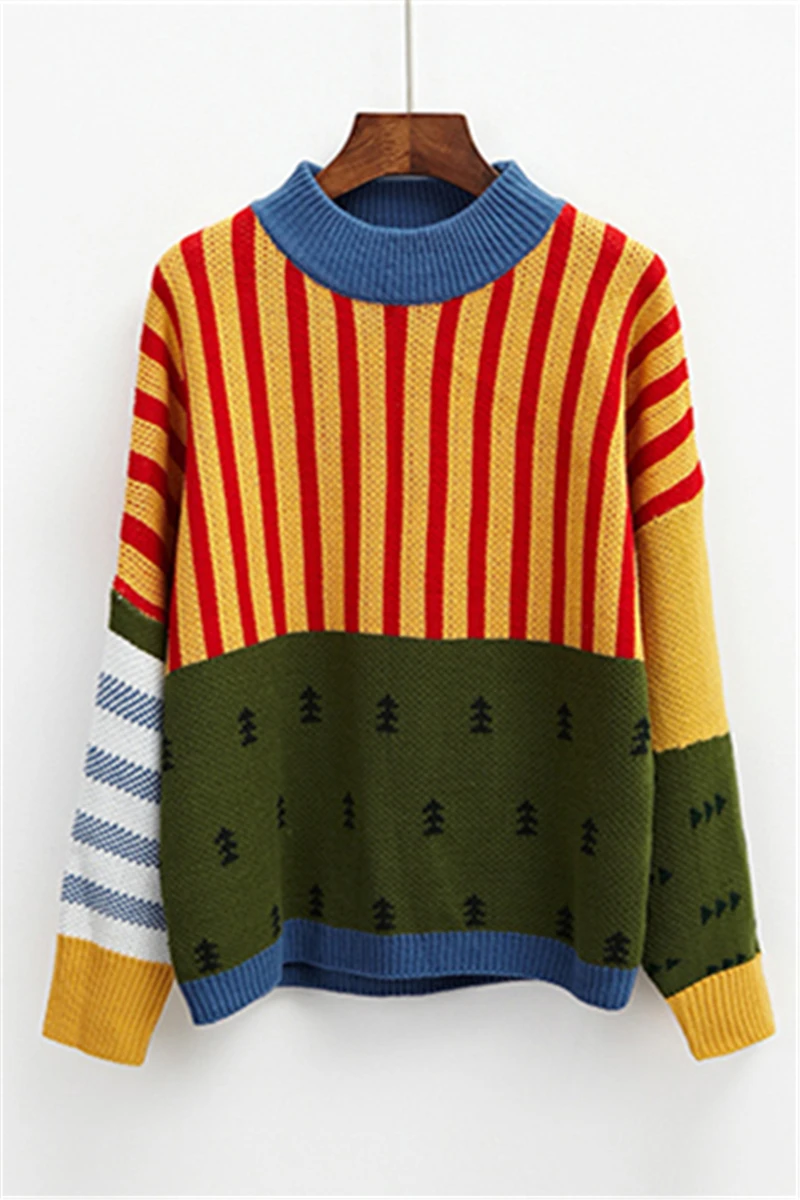 South Korea Ulzzang 2017 Harajuku Winter Sweaters Stripes Hit Color Loose Bat Head Women Sweater Korean | Женская одежда