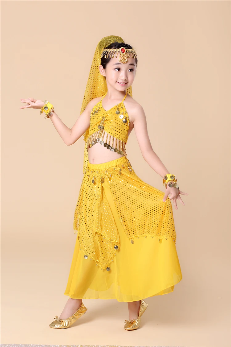 2018 детская одежда для танца живота 4 шт./компл. (топ + юбка браслет головной убор)