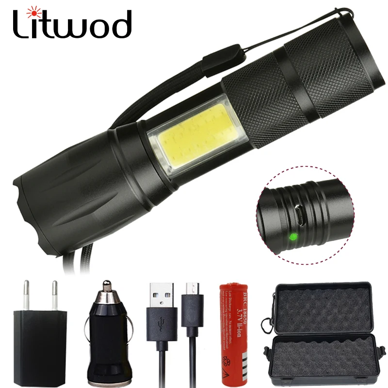 Litwod z20 103 микро USB порт перезаряжаемый светодиодный фонарь XML T6 COB 5000лм 4 режима масштабируемый для кемпинга