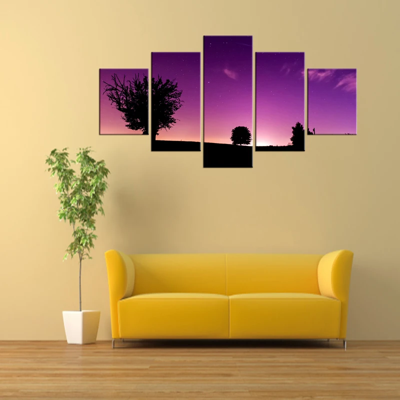 5 Pieces Free Shipping Wall Painting Canvas Tree in Sunset Purple Decorative Art for Living Room Decor Framed | Дом и сад