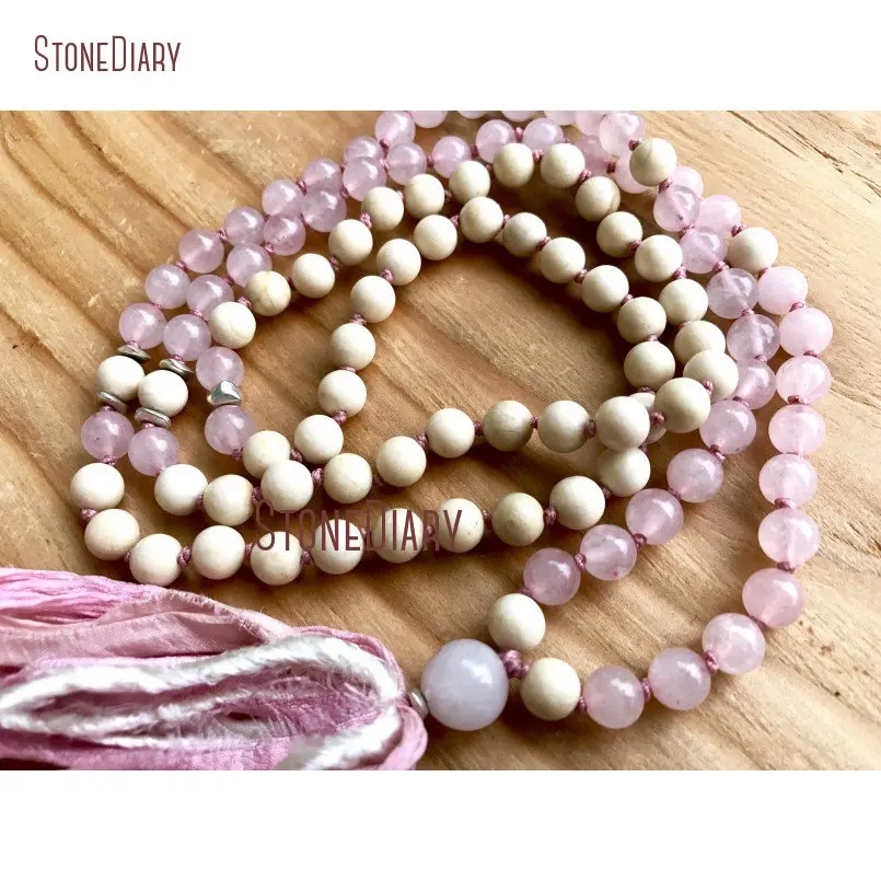 

Healing Rose Quartzs Riverstone Mala Necklace Summer Fashion Heart Chakra Silk Sari Long Tassel Mala Beads Necklace NM11101