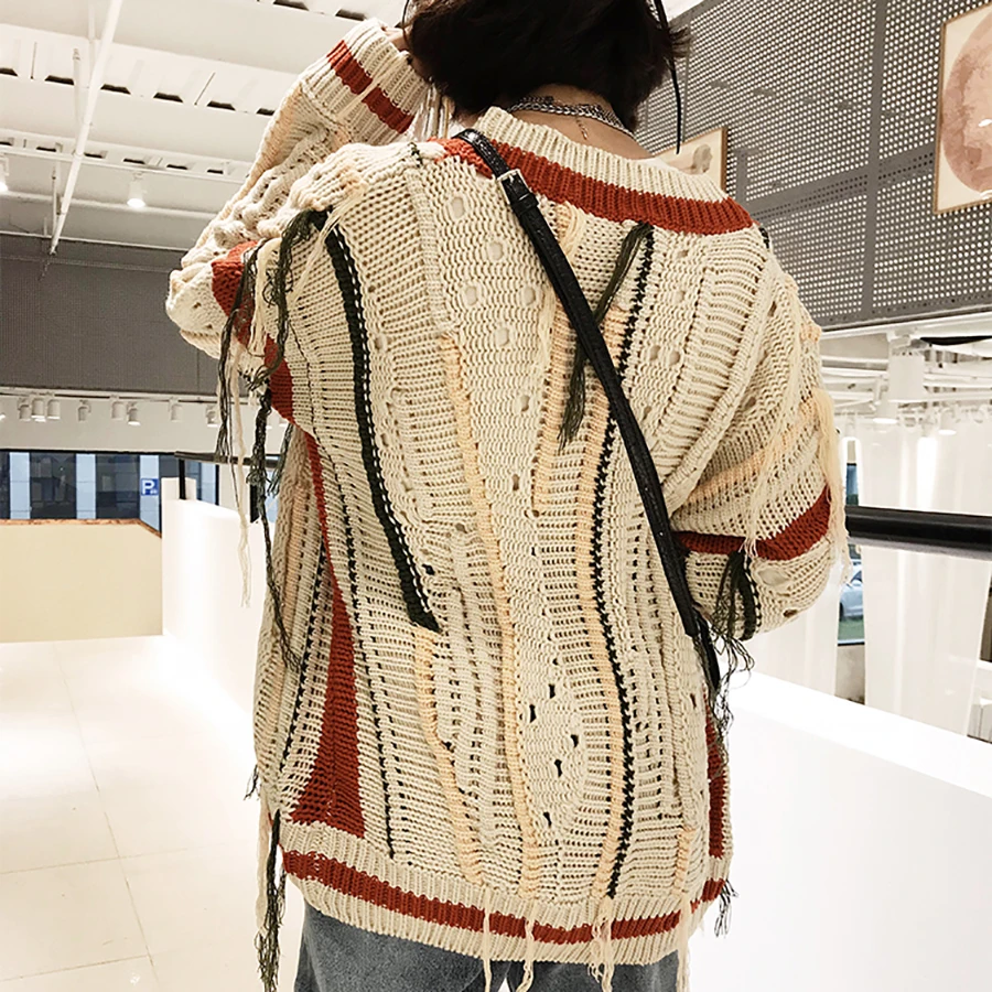 2018 Lazy Style Striped Fall Sweaters Women Hit Color Hollow Out Tassel V-neck Single Breasted Winter Cardigans Knit Sweater |