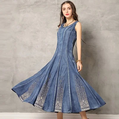 Летнее платье Yuzi. may Boho, новые джинсовые женские платья с круглым вырезом, без рукавов, сарафан с вышивкой, качели с подолом, Vestido DZ301 Vestidos - Цвет: Синий