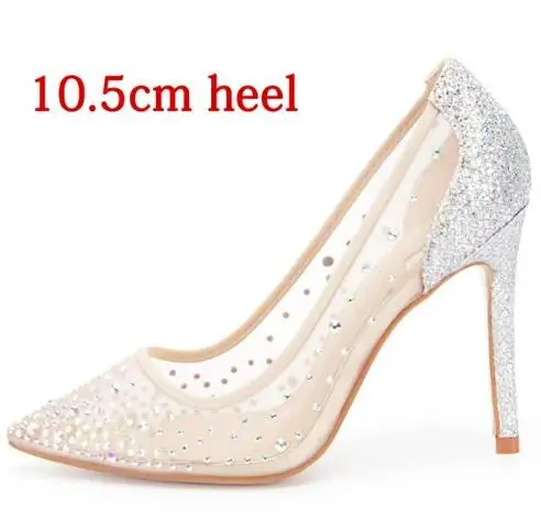 10.5cm heel Prova Perfetto/женские туфли-лодочки на высоком каблуке-шпильке 10 см, 8 см, со стразами, с острым носком, украшенные стразами, серебристые, сетчатые женские вечерние свадебные туфли - Цвет: 10.5cm heel