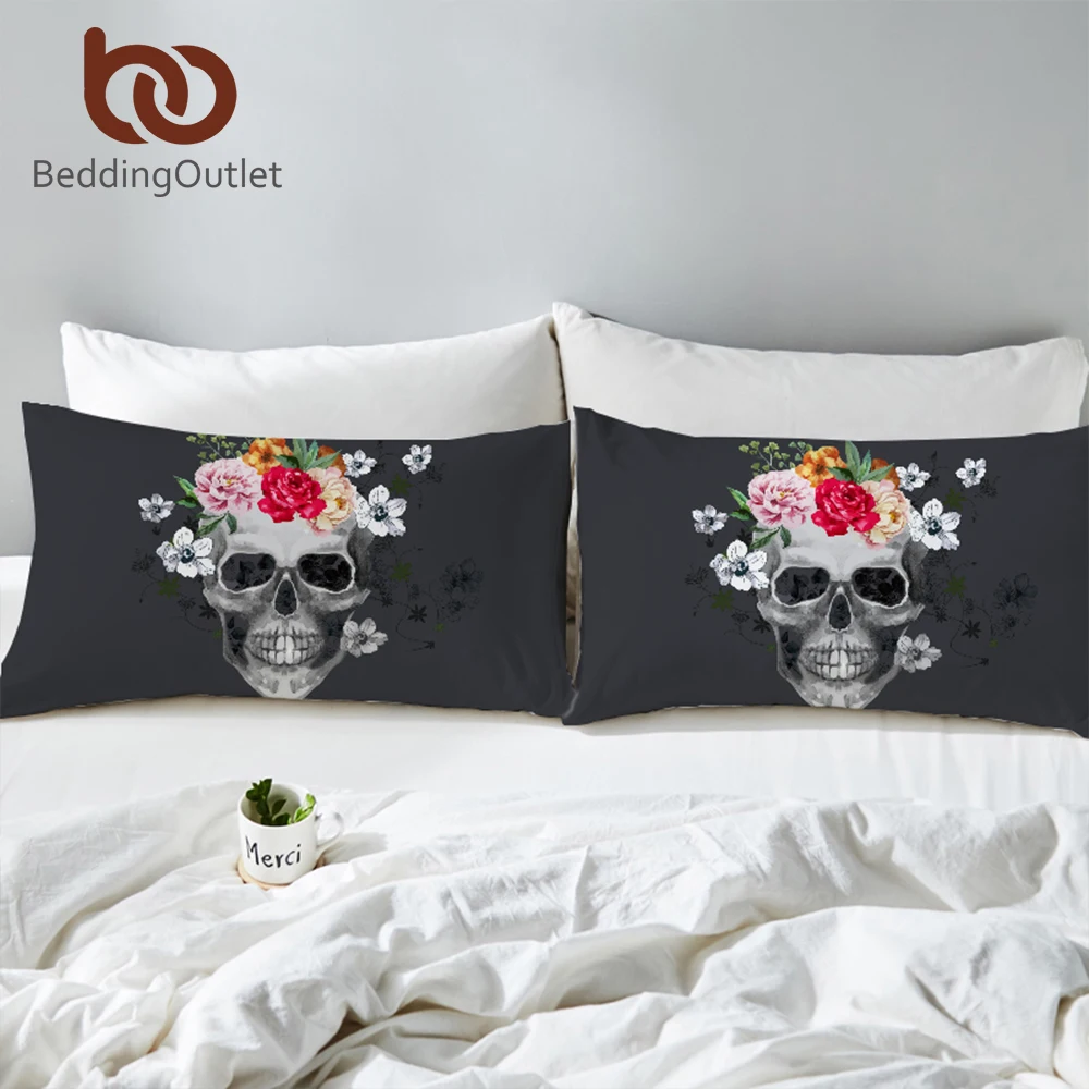 BeddingOutlet наволочка черепа черно белая для кровати Цветочная крутая декоративное