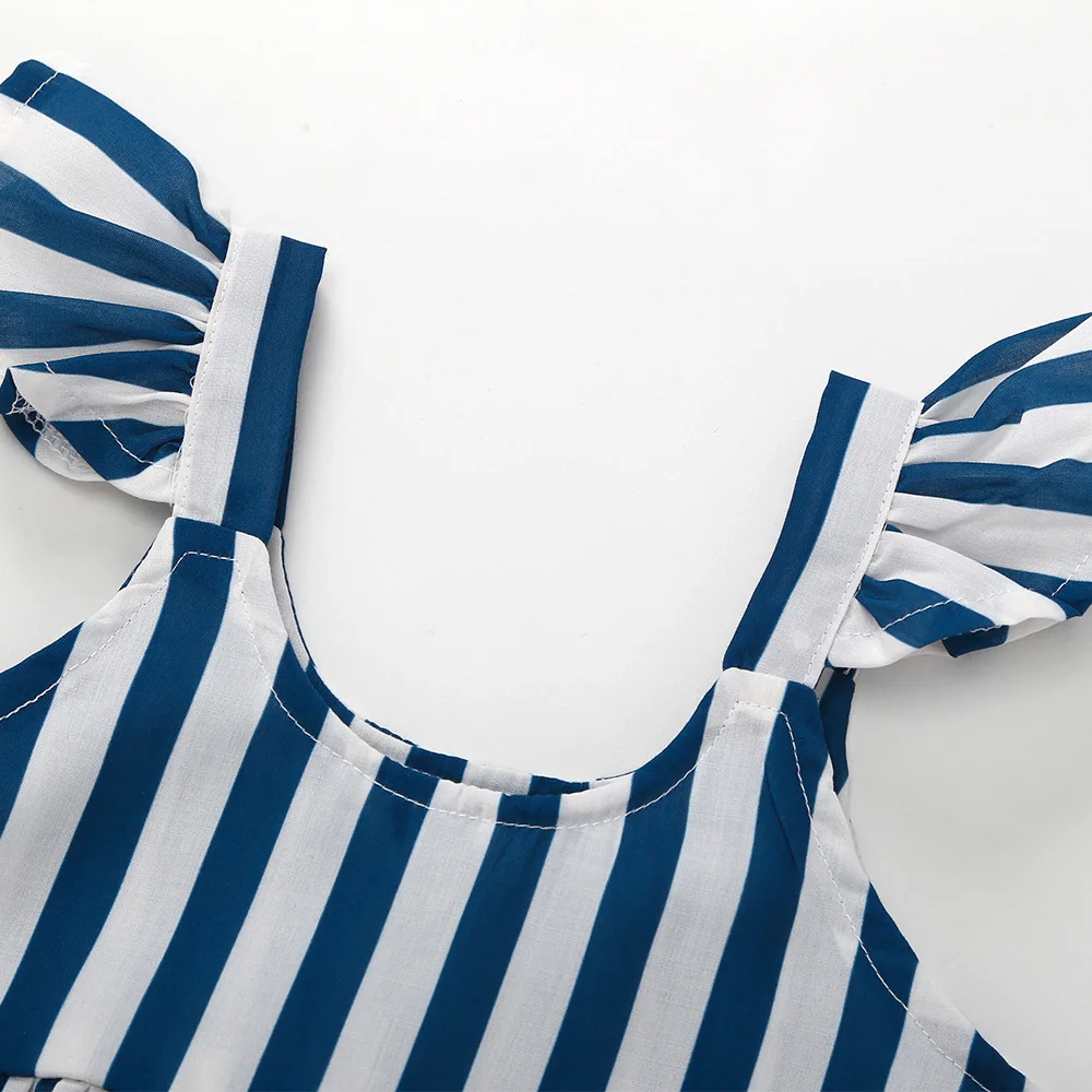 

Simple blue stripe boutique flutter ruffle girl dress summer high quality wholesale