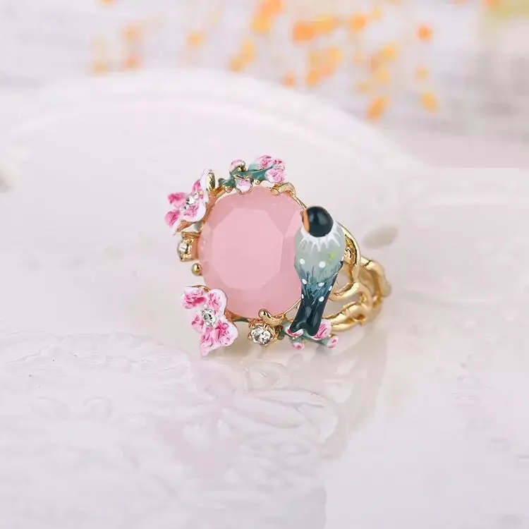 size 52 ring Amybaby дизайнерское кольцо с розовым камнем и кристаллами, вишневый цвет, птица, эмалированная глазурь, вечерние ювелирные изделия - Цвет основного камня: size 52 ring