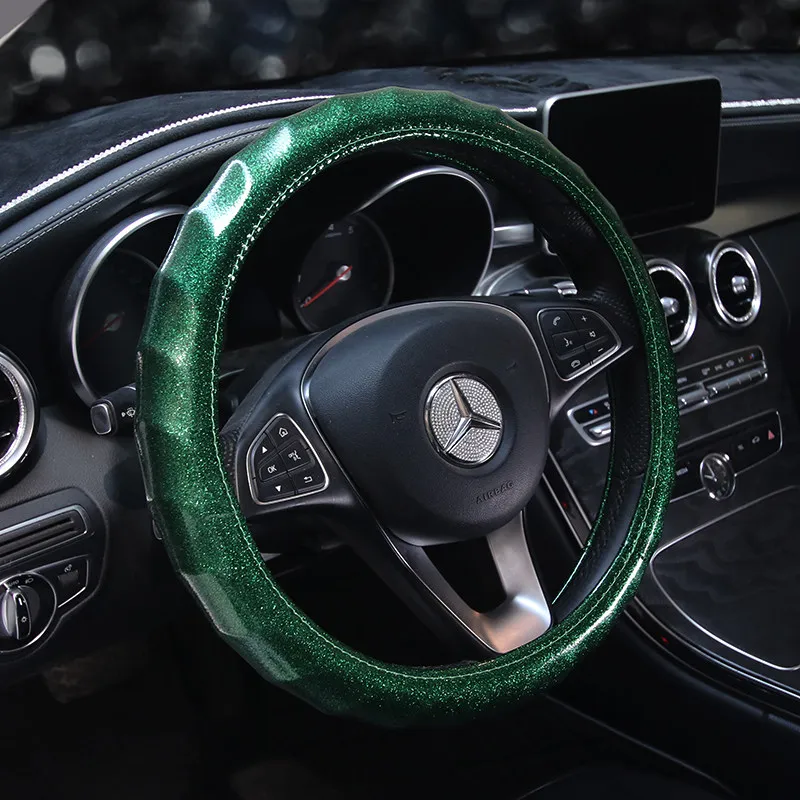 Green Модные женские блестящие кожаные чехлы рулевого колеса автомобиля, алмазные автомобильные чехлы для рулевого управления для женщин и девочек, автомобильные аксессуары - Название цвета: Green