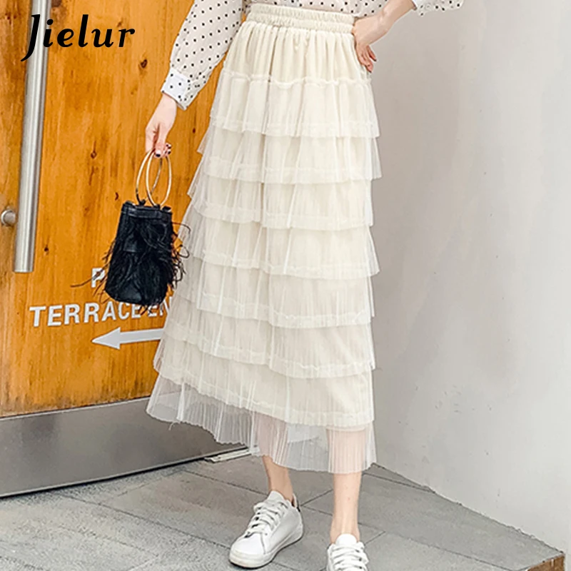 Jielur Mesh Pleated Skirt Women Summer High Waist A-line Solid Color Sexy Long Black Pink Casual Faldas Mujer Moda 2021 | Женская одежда