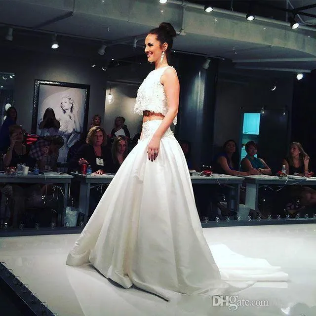 Bling 2016 Две Пьесы Свадебные Платья Кружева Атласная Блестками Кристалл Бисером