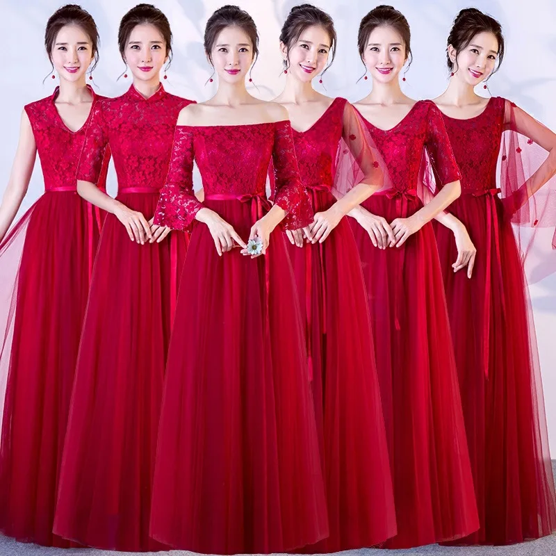 Beauty-Emily Red Long Lace Bridesmaid Dresses Plus Size for Women A-Line Half Sleeve Vestido da dama de honra