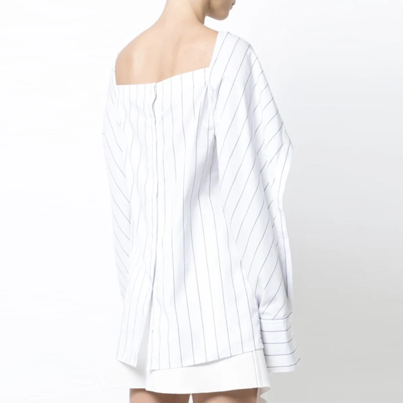 Striped Shirt Womens Series 2018 New Spring Summer Fashion Big Size Clothing Slash Neck Patchwork Ruched Irregular Blouse Female |