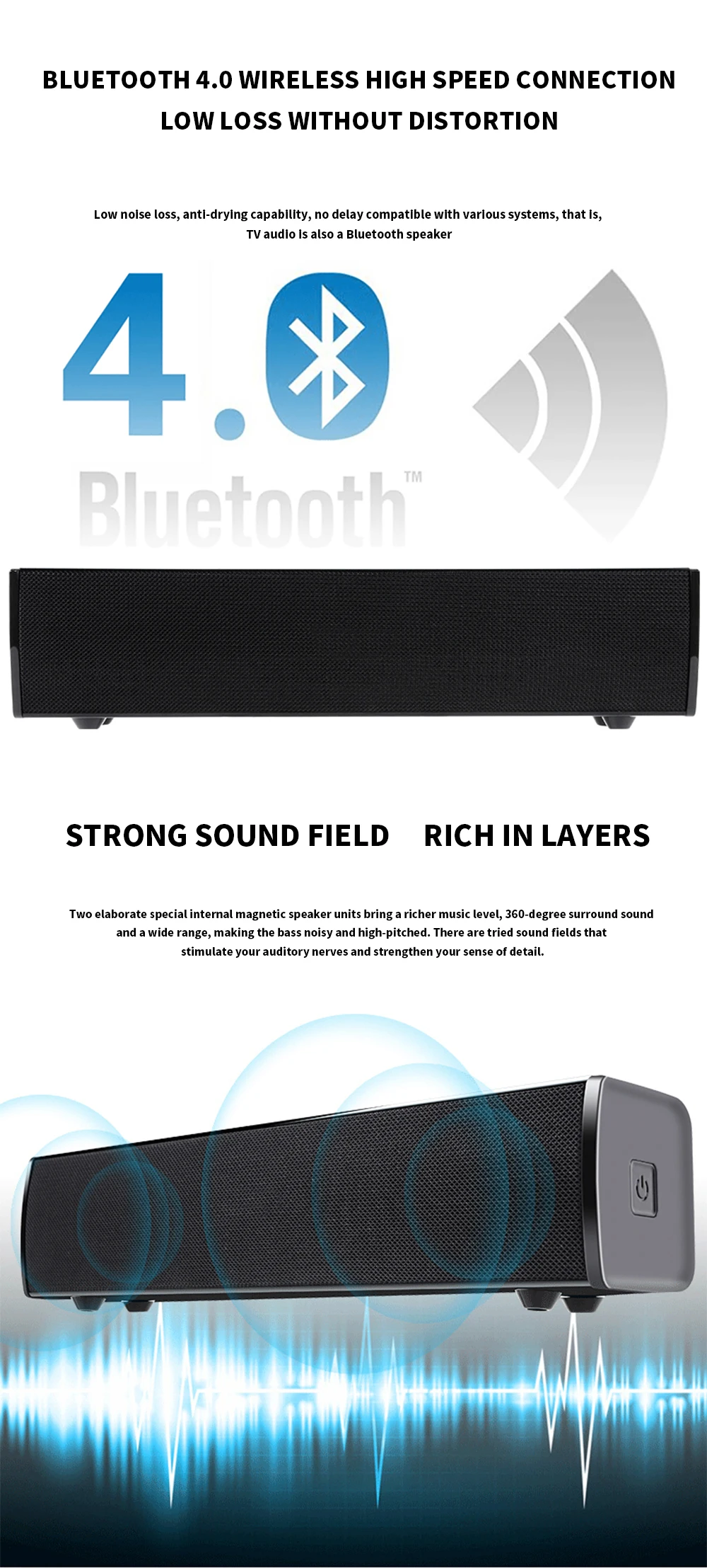 FELYBY объемный звук, Bluetooth Саундбар беспроводной динамик для ТВ компьютера и iPhone с 3,5 мм AUX вход и беспроводной пульт дистанционного управления