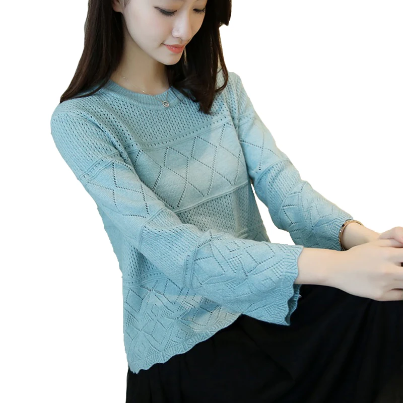 

Elegant spring Sweater Women 2019 Casual Fashion Loose Women knitting Sweaters and Pullovers Round neck Bell sleeve