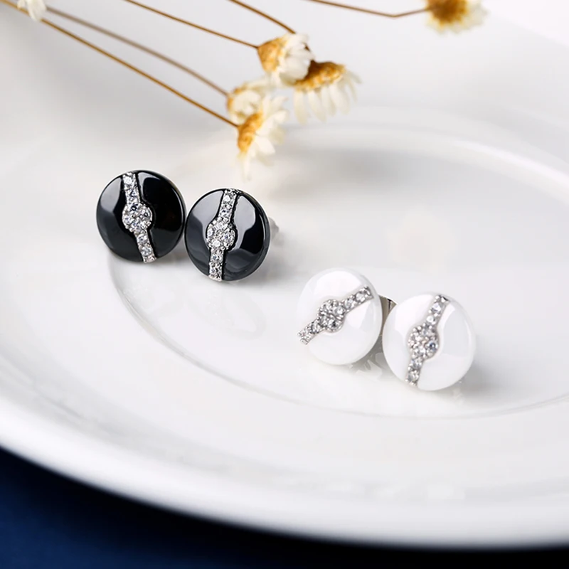 Женские керамические серьги гвоздики из керамики черно белые фианита класса ААА
