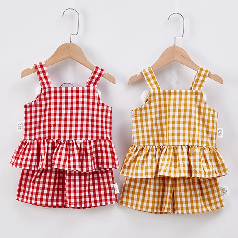 

LarLarBoom Children's Sets 2019 New Summer Sleeveless Top + Plaid Shorts Kids Two-pieces Set Cute Wings Girls Clothing Sets