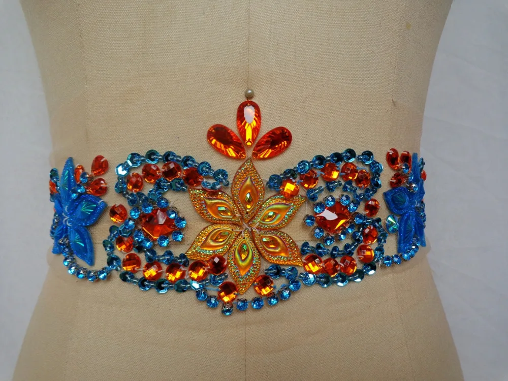 A151 чистая ручная работа Ослепительная оранжевая/небесно-голубая пришивная