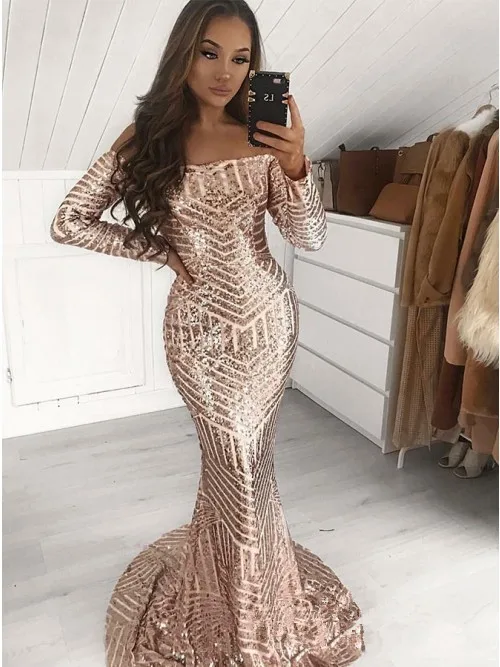 

Gorgeous Long Sleeve Sequins Prom Dresses 2019 Sparkly Rose Gold Off Shoulder Sweep Train Mermaid Occasion Evening Wear Dress