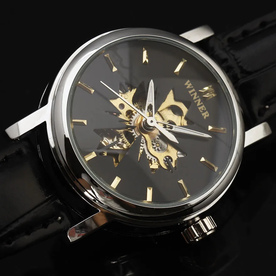 Победитель Марка Для женщин Часы скелет механические Женские часы черный