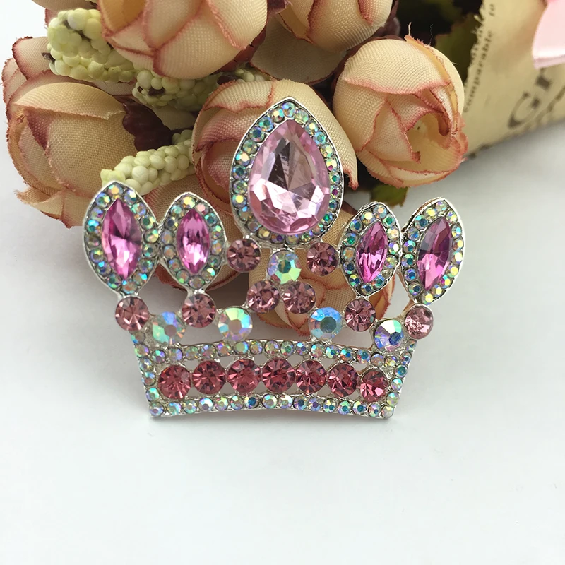 50 шт./лот Серебристая брошь в виде короны с розовыми кристаллами и стразами кулон