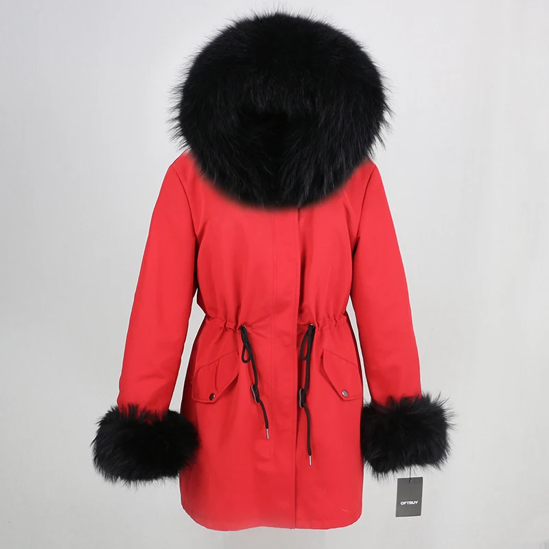 red black OFTBUY, пальто с натуральным мехом, зимняя куртка, Женская длинная парка, воротник из натурального меха енота, капюшон, Толстая теплая водонепроницаемая верхняя одежда, съемная - Цвет: red black