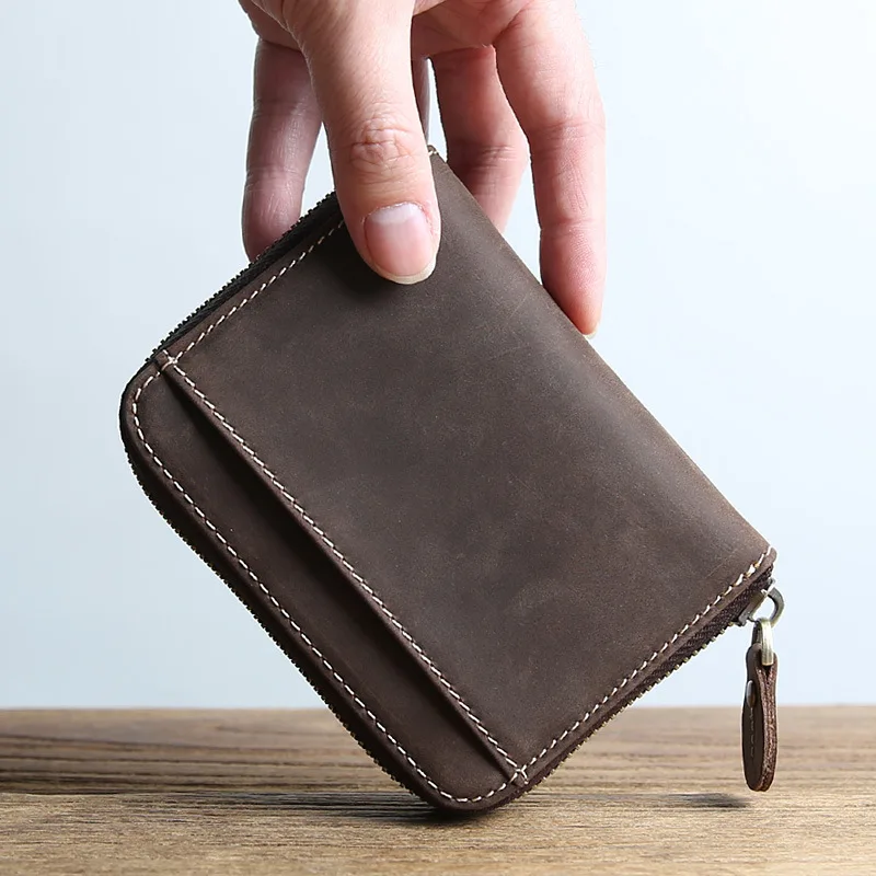 Genuine Leather Men's Wallet Men Vintage Crazy Horse Short Zipper Wallets Coin Purse Money Pocket Cards Holder Carteira | Багаж и