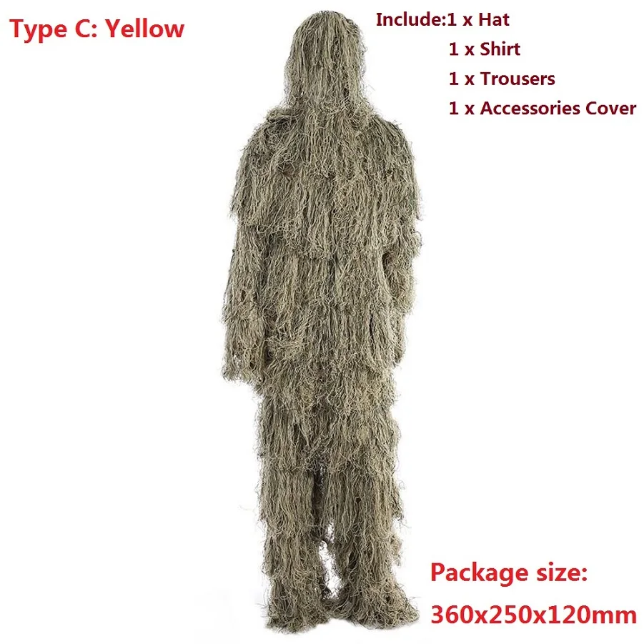 Type C Yellow 3D Leaf Camo Woodland Sniper Ghillie Suit Kit Cloak Military Polyester Outdoor Camouflage Jungle Hunting Birding Suits Wholesale - Цвет: Type C Yellow