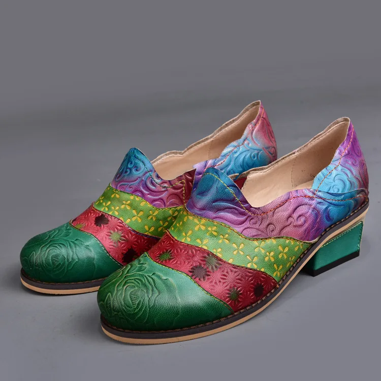 Johnature Square Heel Genuine Leather Shoes Round Toe Casual Slip-on 2019 New Autumn Retro Sewing Mixed Color Women Pumps | Обувь