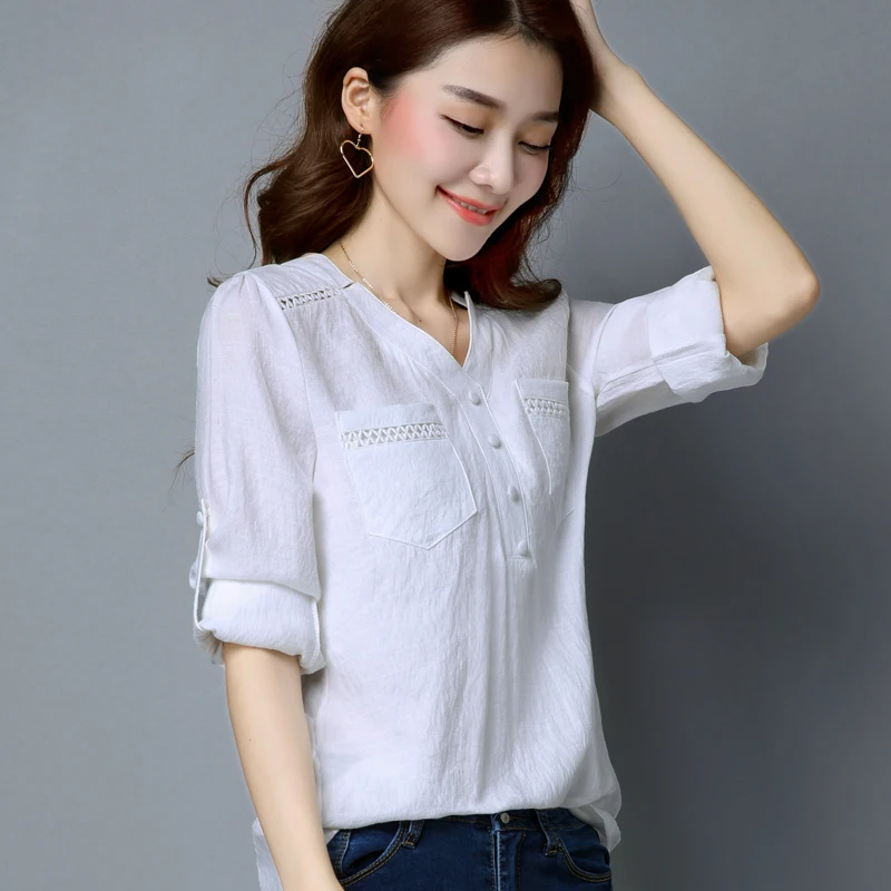 Plus Size V-Neck Casual Female Blouse Shirt Women Basic Long Sleeve Tops Linen and Cotton White Pink Blue Blusa Blouses |