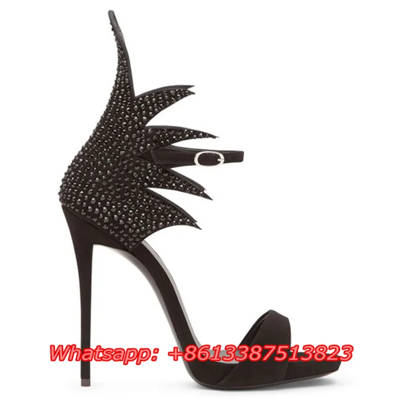 Черный Замши Страз Кристалл Колин Сандалии Peep Toe Платформа Лодыжки Ремень Мелкой